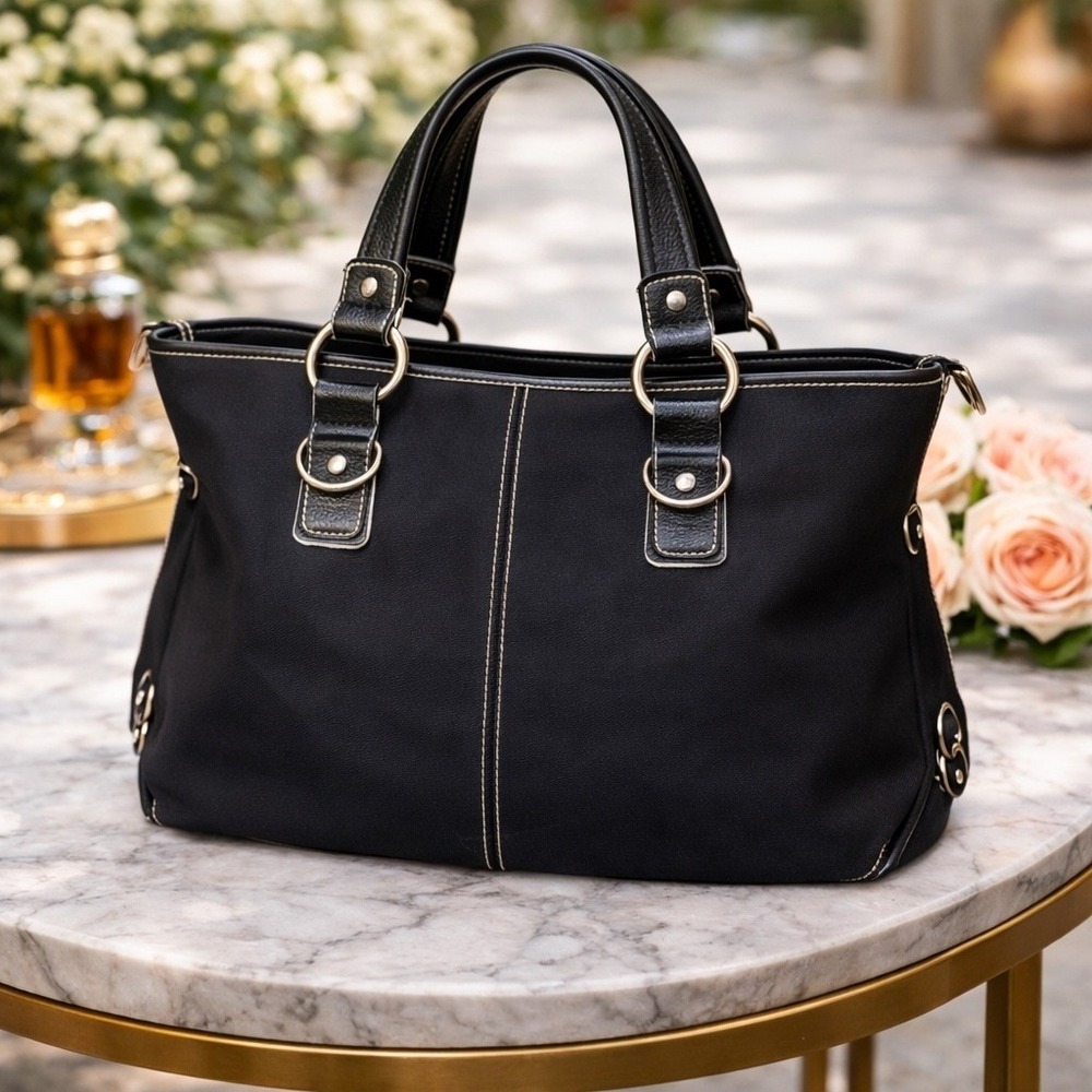 Franco Sarto Black Nylon‎ Satchel Handbag Silver Hardware Geometric Lining - Picture 2 of 10